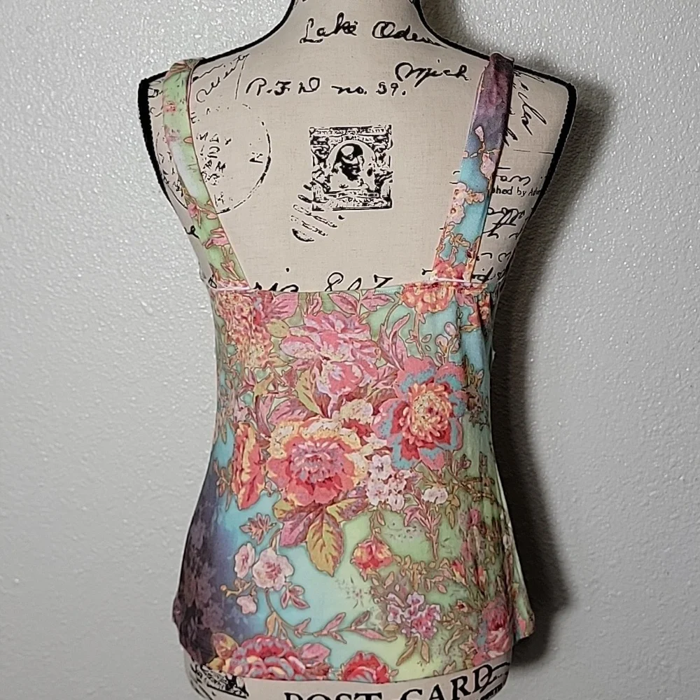 Vintage Floral Babydoll Tank Large Pastel Y2k 90s Fairy Cottagecore Stretchy - Picture 4 of 6
